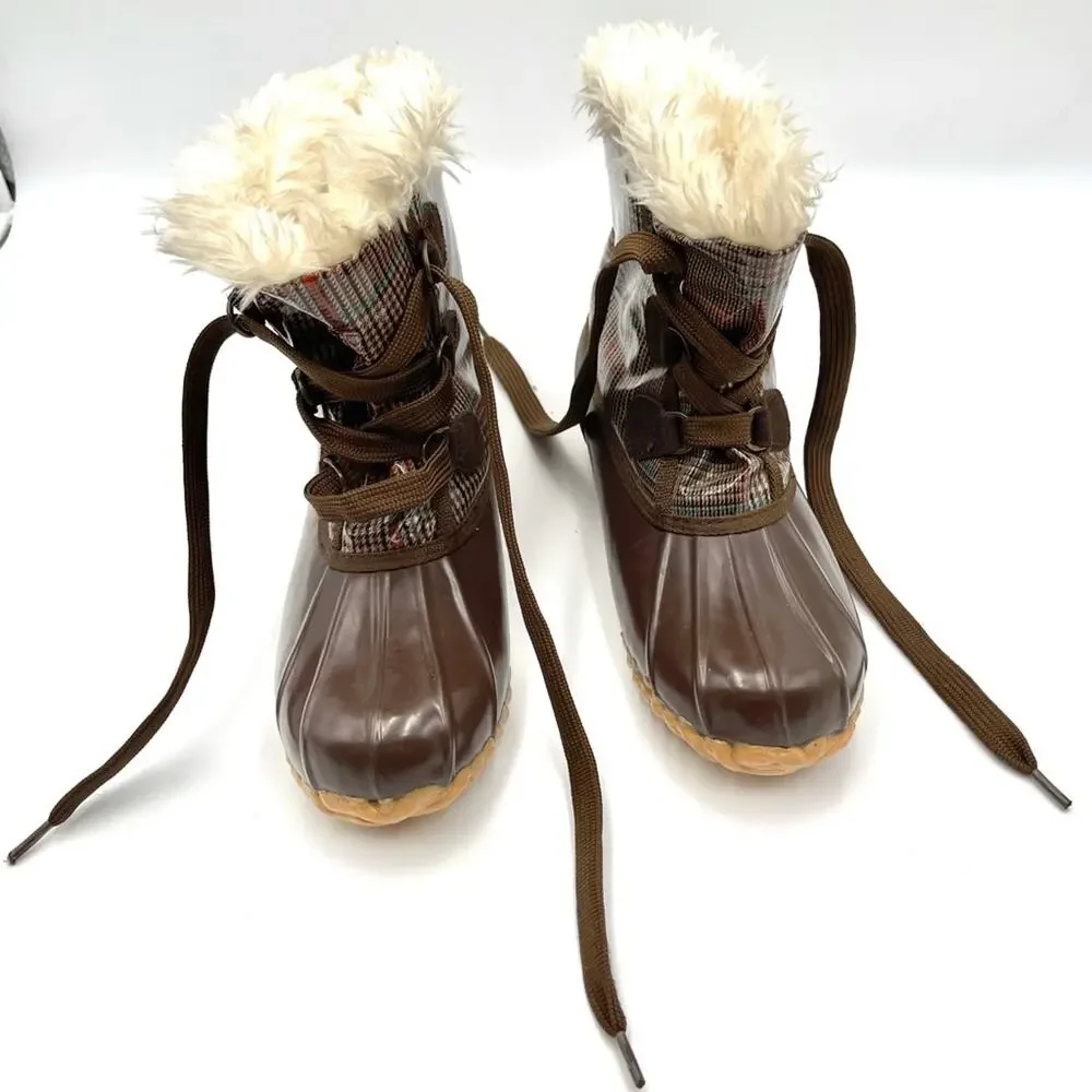 Sporto style kim4451902 women brown Plaid faux fur Lined Waterproof Duck Boots 8